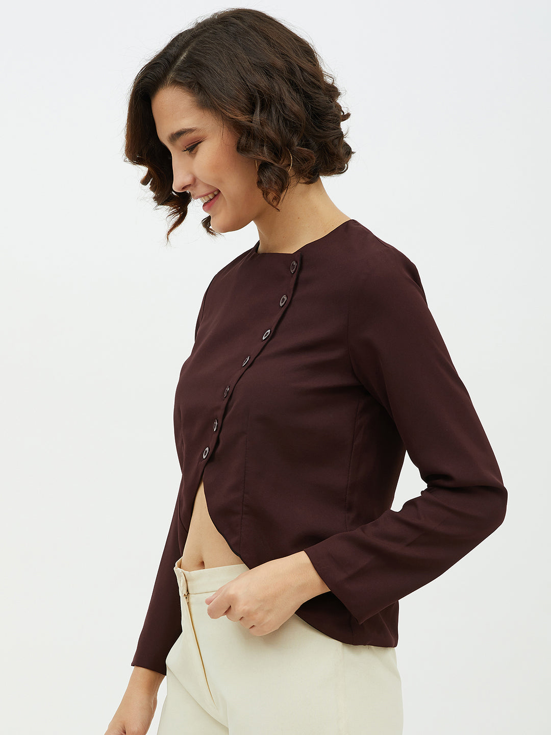 Women's Maroon top with diagonal button top - StyleStone