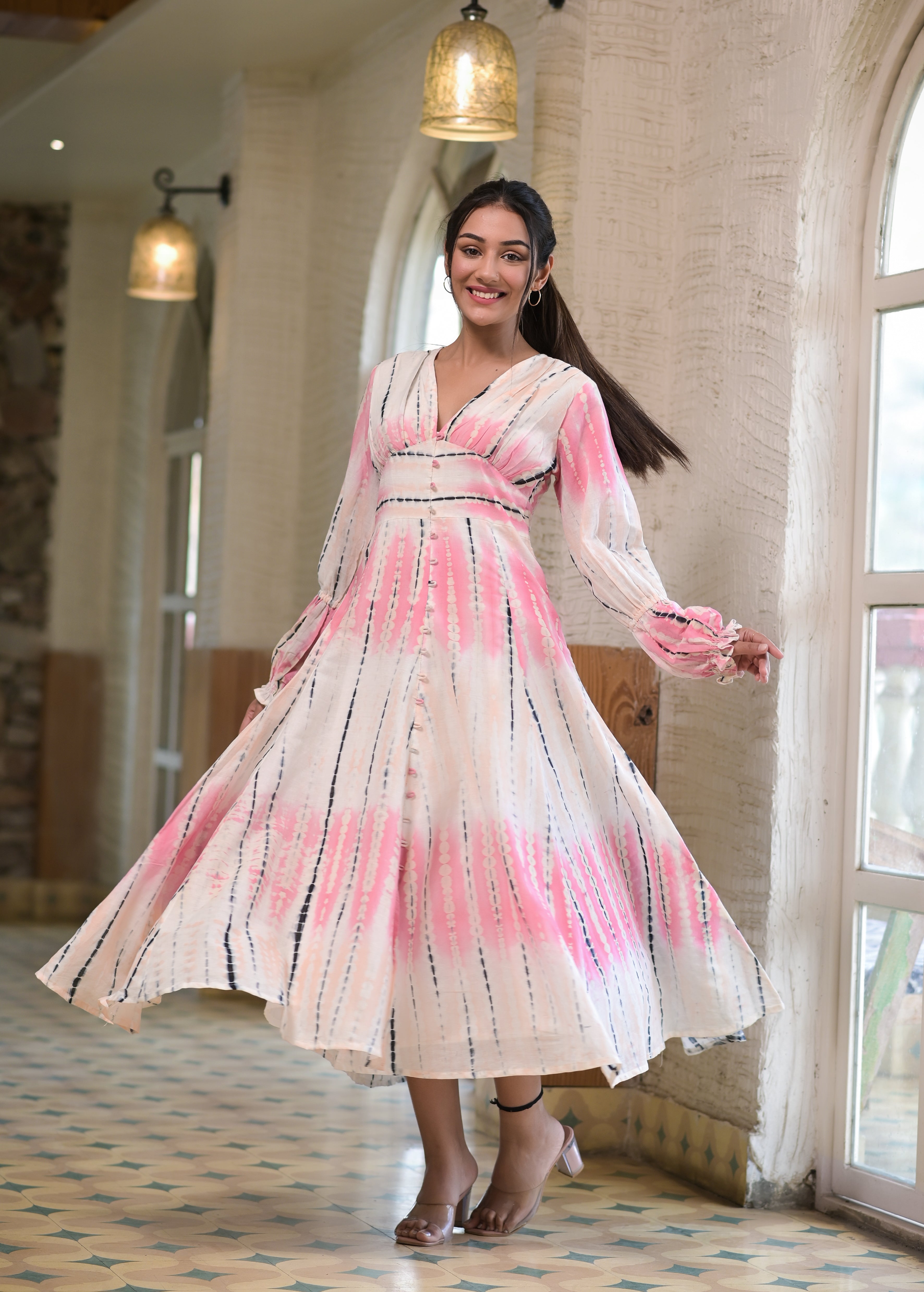 Women's Pink Shibhori Flared Dress - Hatheli