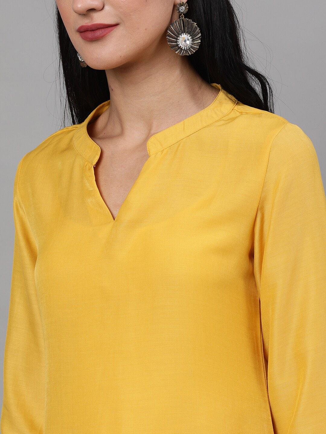 Women's  Yellow & Gold-Toned Embroidered Kurta with Trousers - AKS