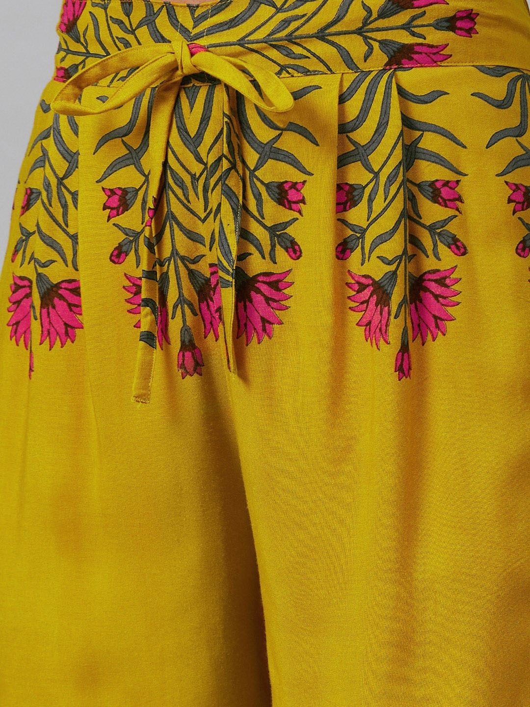 Women's Mustard Yellow & Pink Printed Kurta with Trousers - Meeranshi