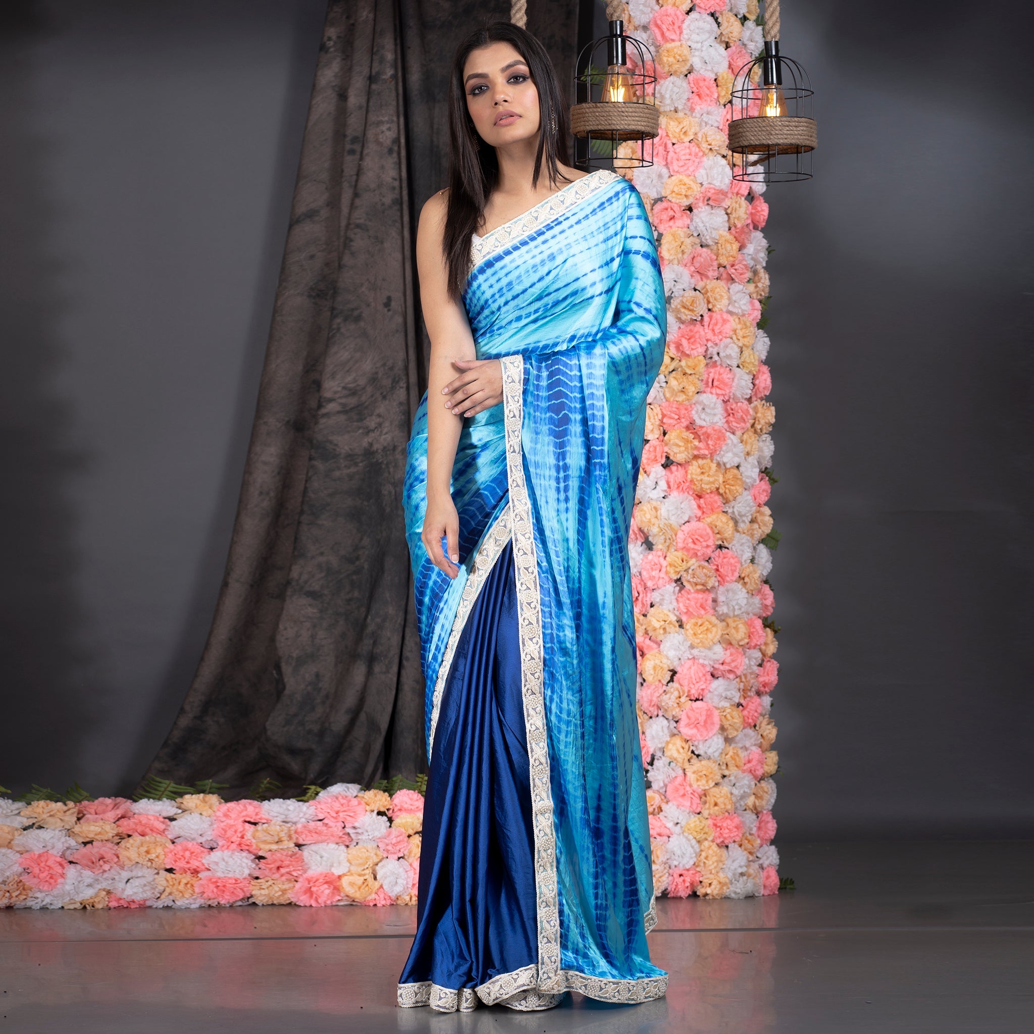 Women's Blue With Navy Blue Shibori Satin Saree With Pearl Embroidered Lace Border - Boveee