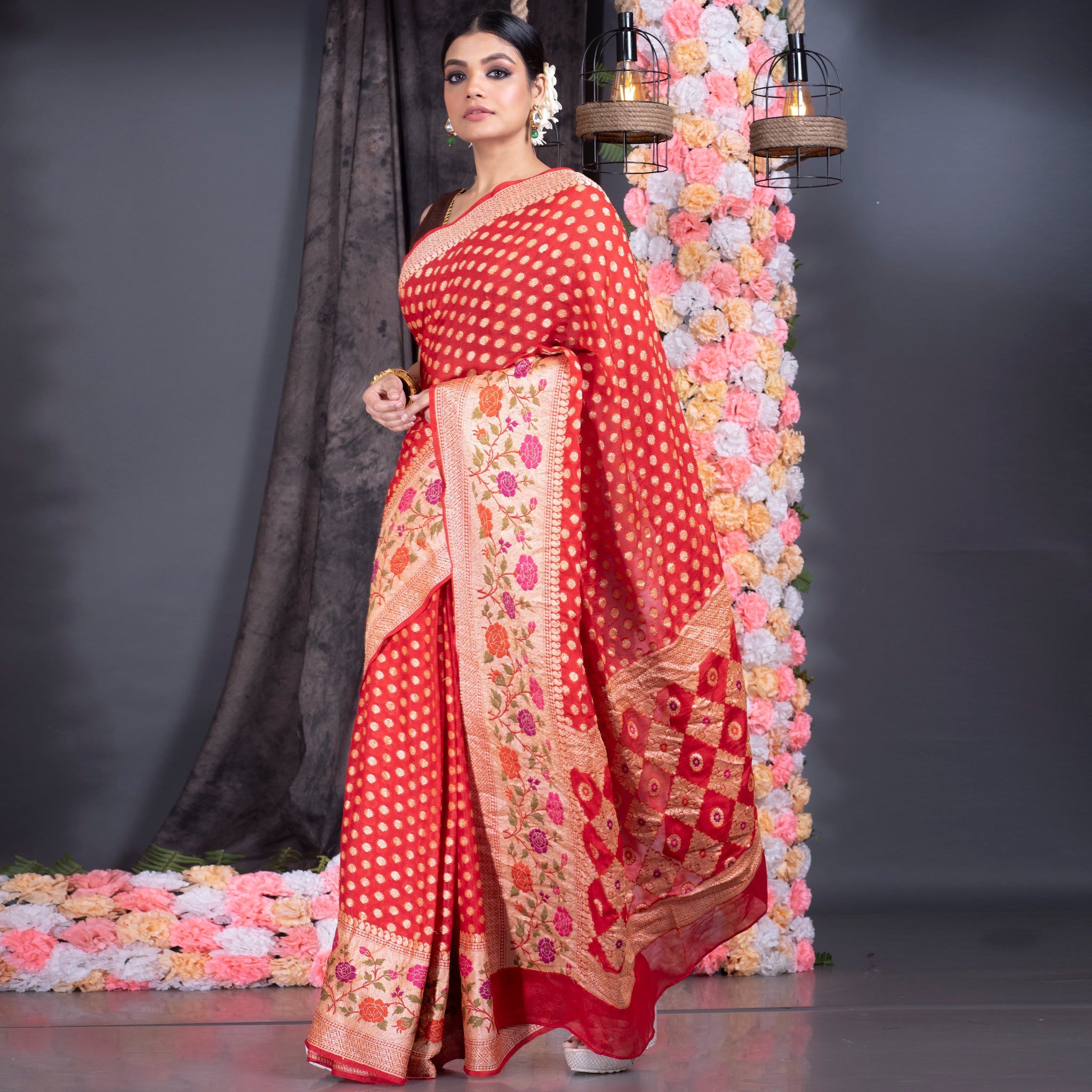 Women's Red Khaddi Pure Chiffon Silk Saree With Border And Pallu - Boveee