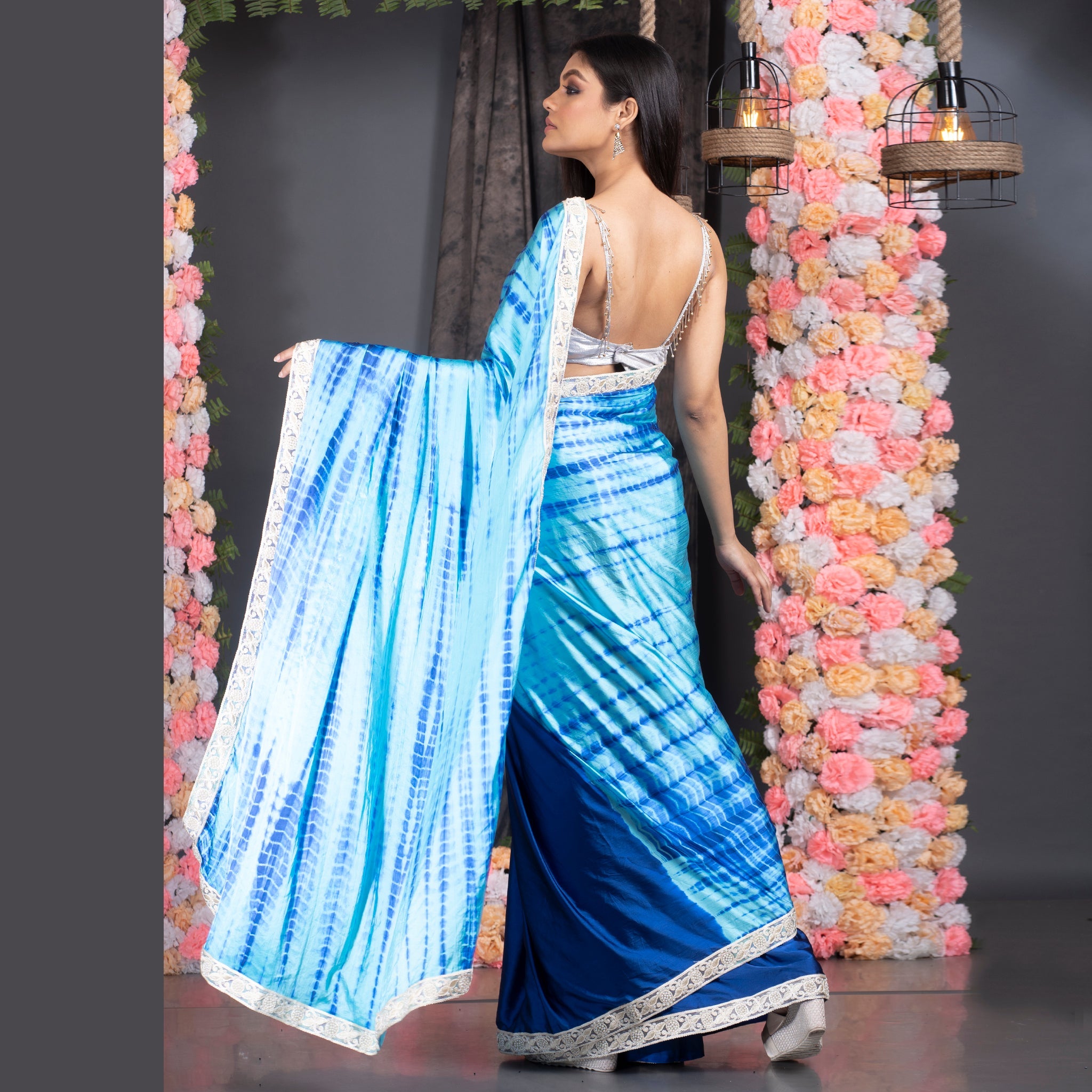 Women's Blue With Navy Blue Shibori Satin Saree With Pearl Embroidered Lace Border - Boveee