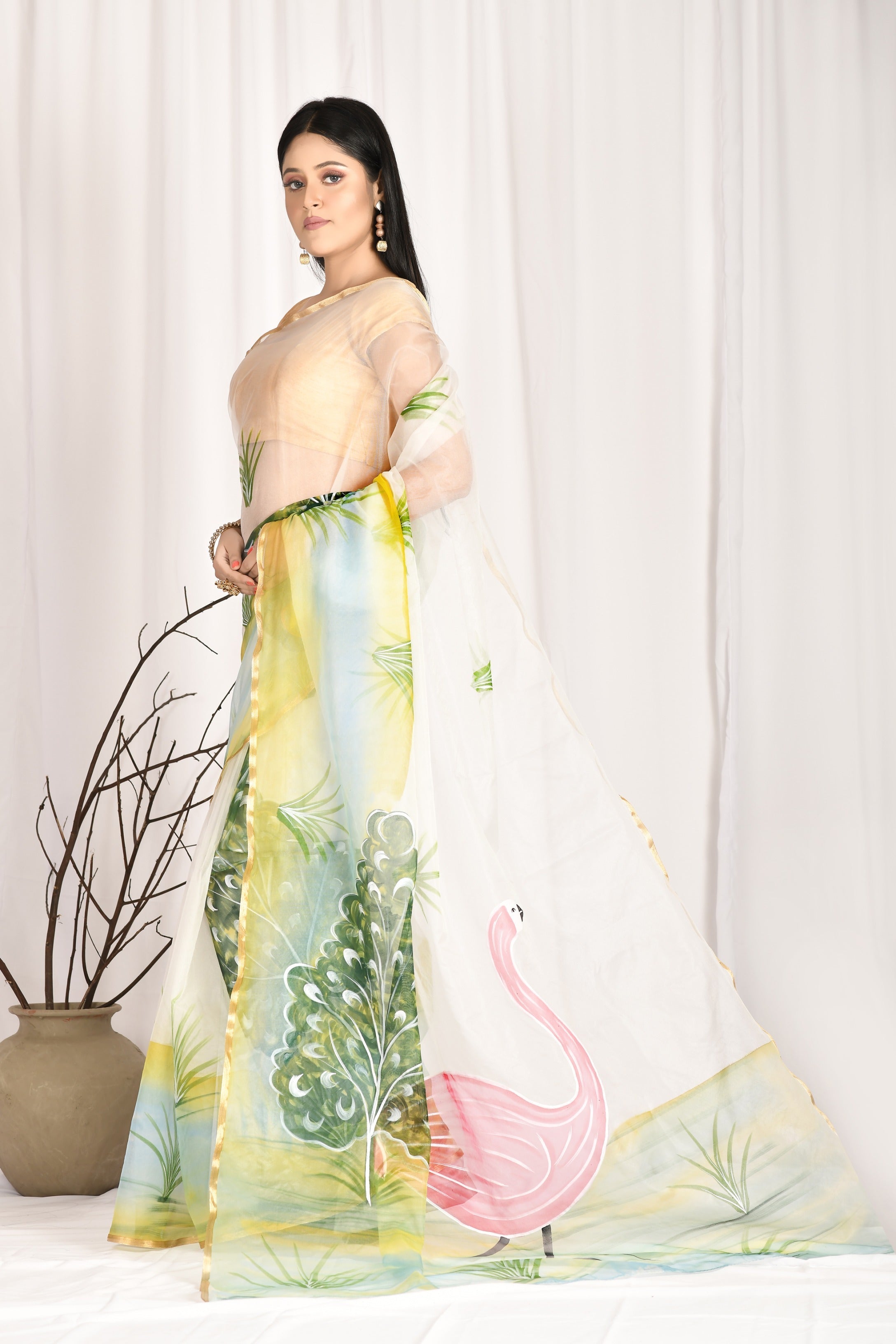 Women's Hand Painted Off White Saree With All-Over Vegetable Dyes With Blouse - Saras The Label