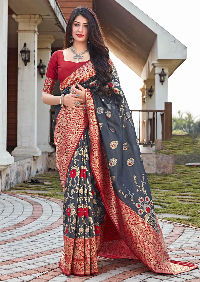 Women's Grey and Red Color Banarasi silk Traditional Saree - Monjolika