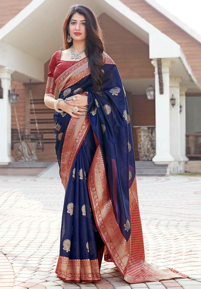 Women's Navy blue Color Banarasi silk Traditional Saree - Monjolika