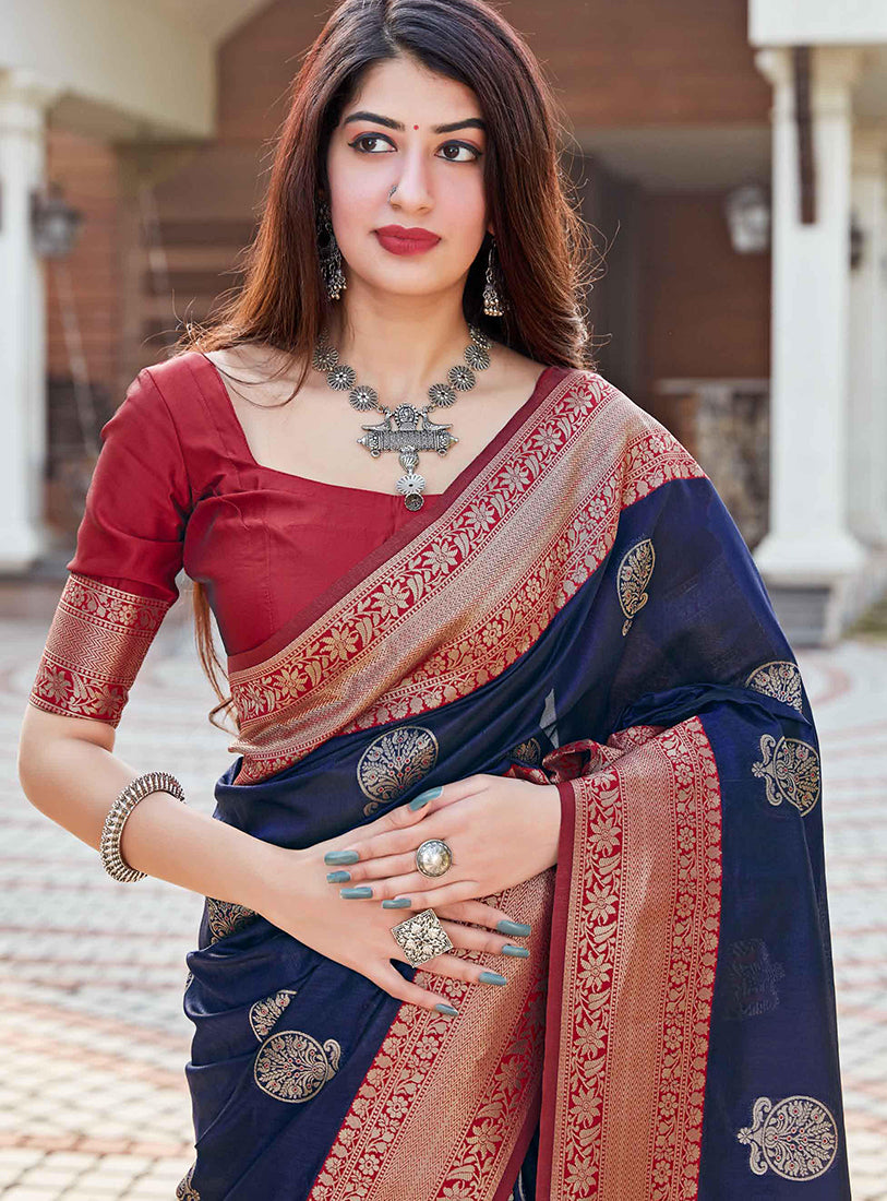 Women's Navy blue Color Banarasi silk Traditional Saree - Monjolika