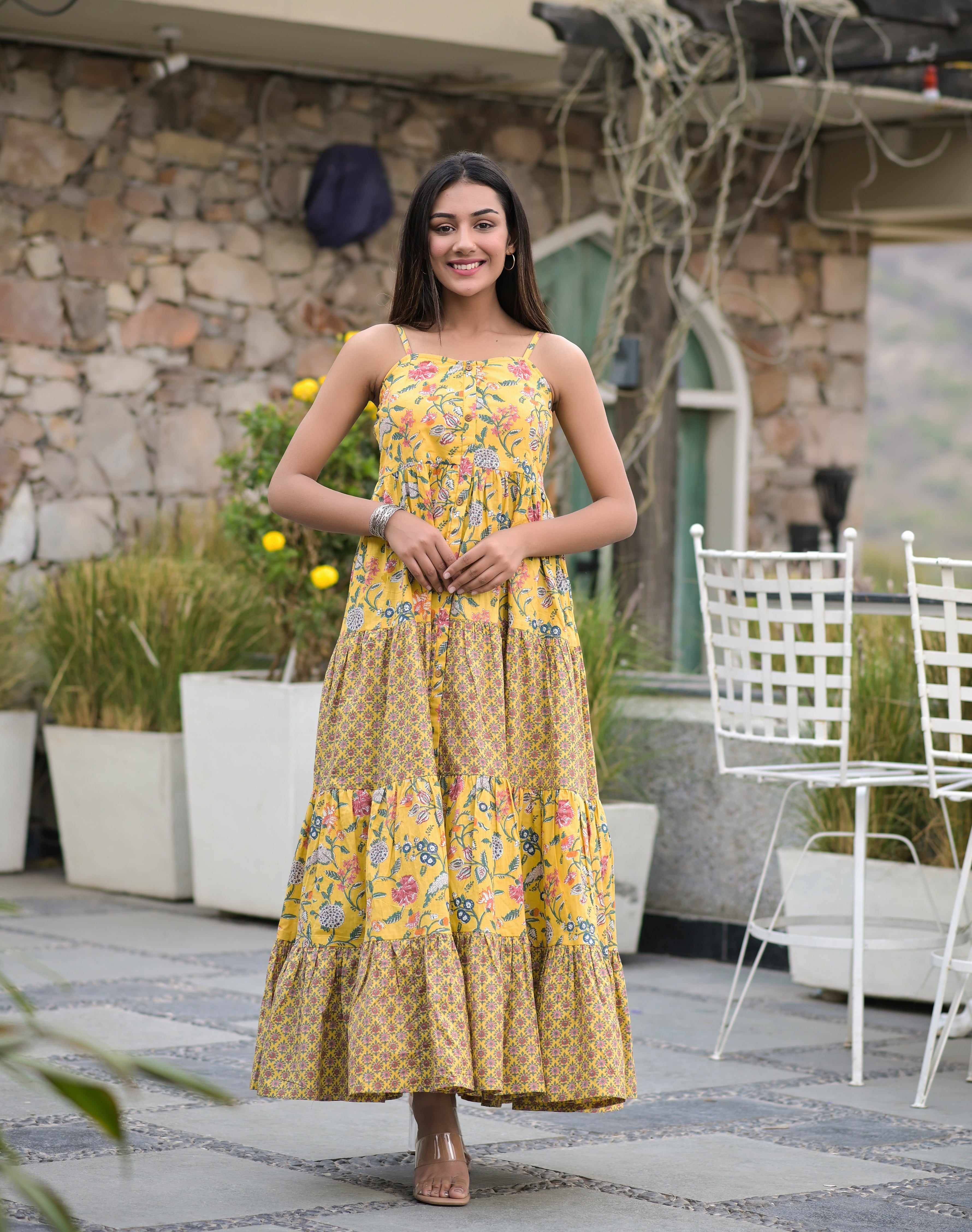 Women's Yellow Floral Printed Tiered Dress - Hatheli