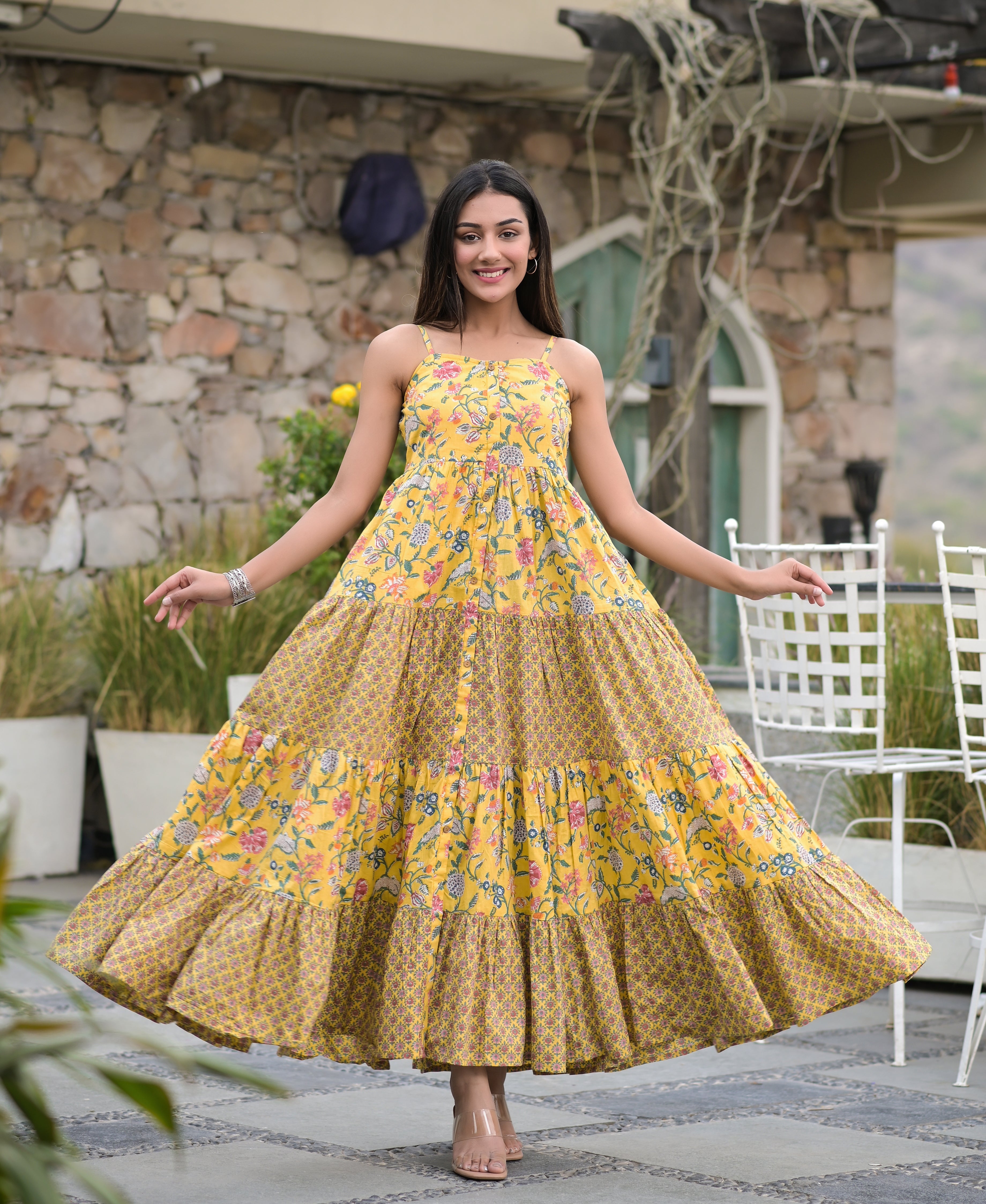 Women's Yellow Floral Printed Tiered Dress - Hatheli