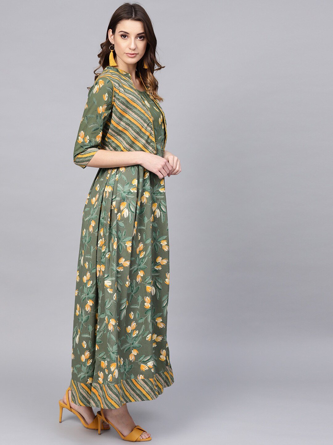 Women's  Green & Yellow Floral Printed Maxi Dress with Ethnic Jacket - AKS