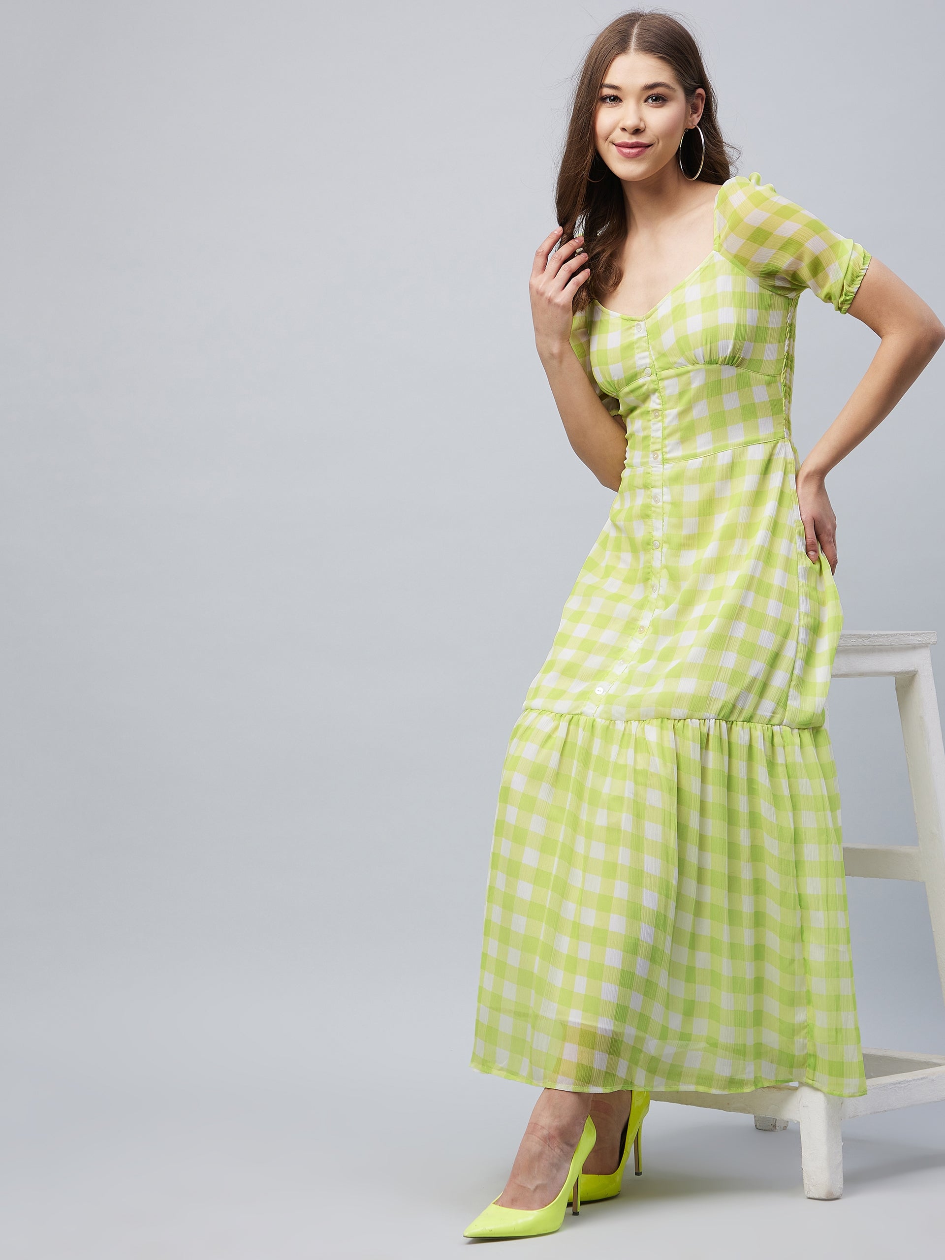 Women's LimeGreen Polyester Georgette Checkered Maxi Dress Green / XL | Trendia Global Women's LimeGreen Polyester Georgette Checkered Maxi Dress Green / XL | Trendia Global