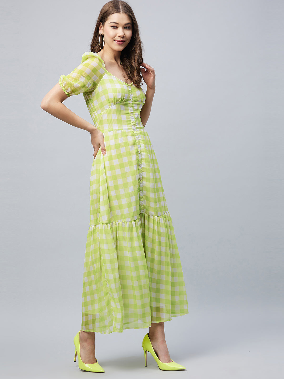 Women's LimeGreen Polyester Georgette Checkered Maxi Dress Green / XL | Trendia Global Women's LimeGreen Polyester Georgette Checkered Maxi Dress Green / XL | Trendia Global