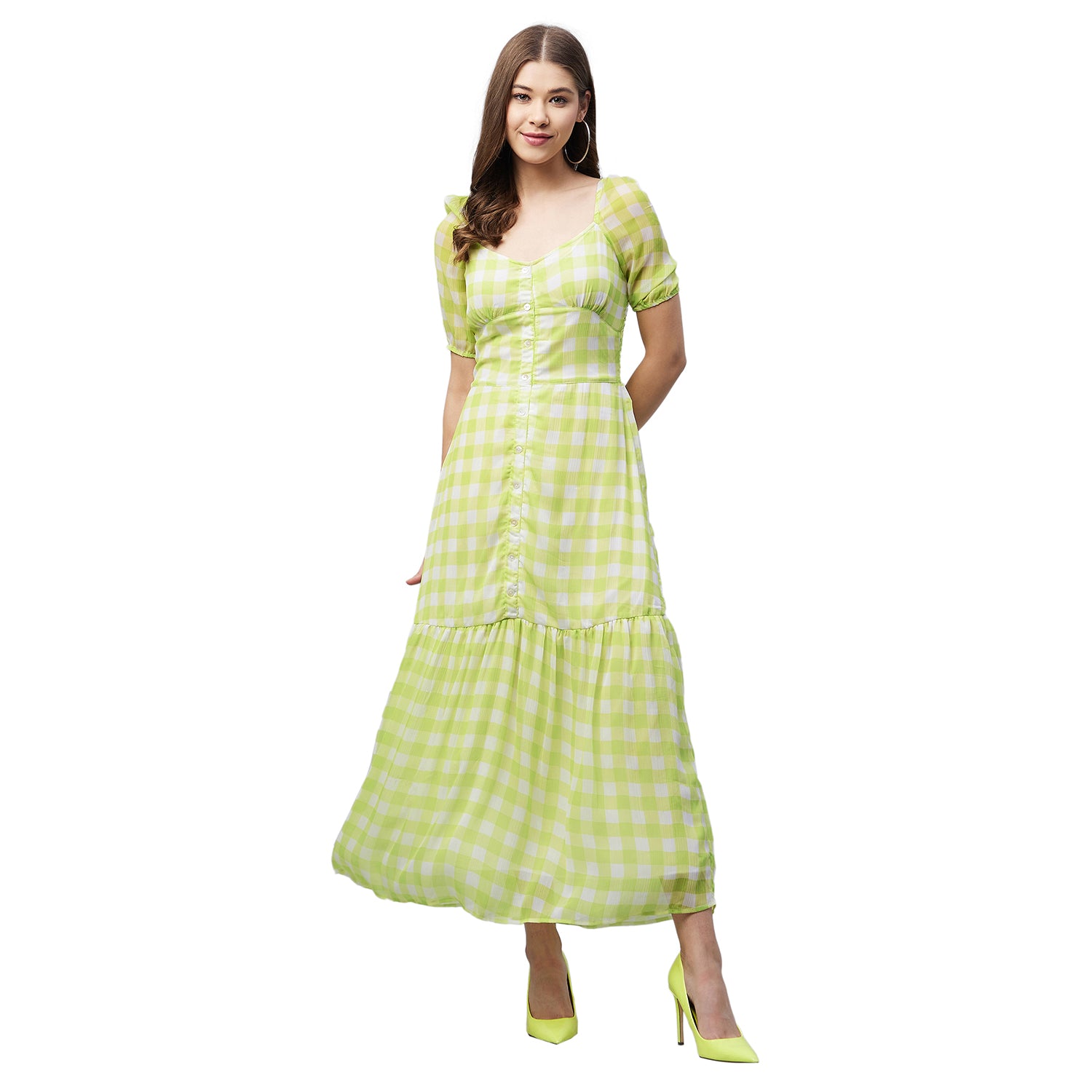 Women's LimeGreen Polyester Georgette Checkered Maxi Dress Green / XL | Trendia Global Women's LimeGreen Polyester Georgette Checkered Maxi Dress Green / XL | Trendia Global