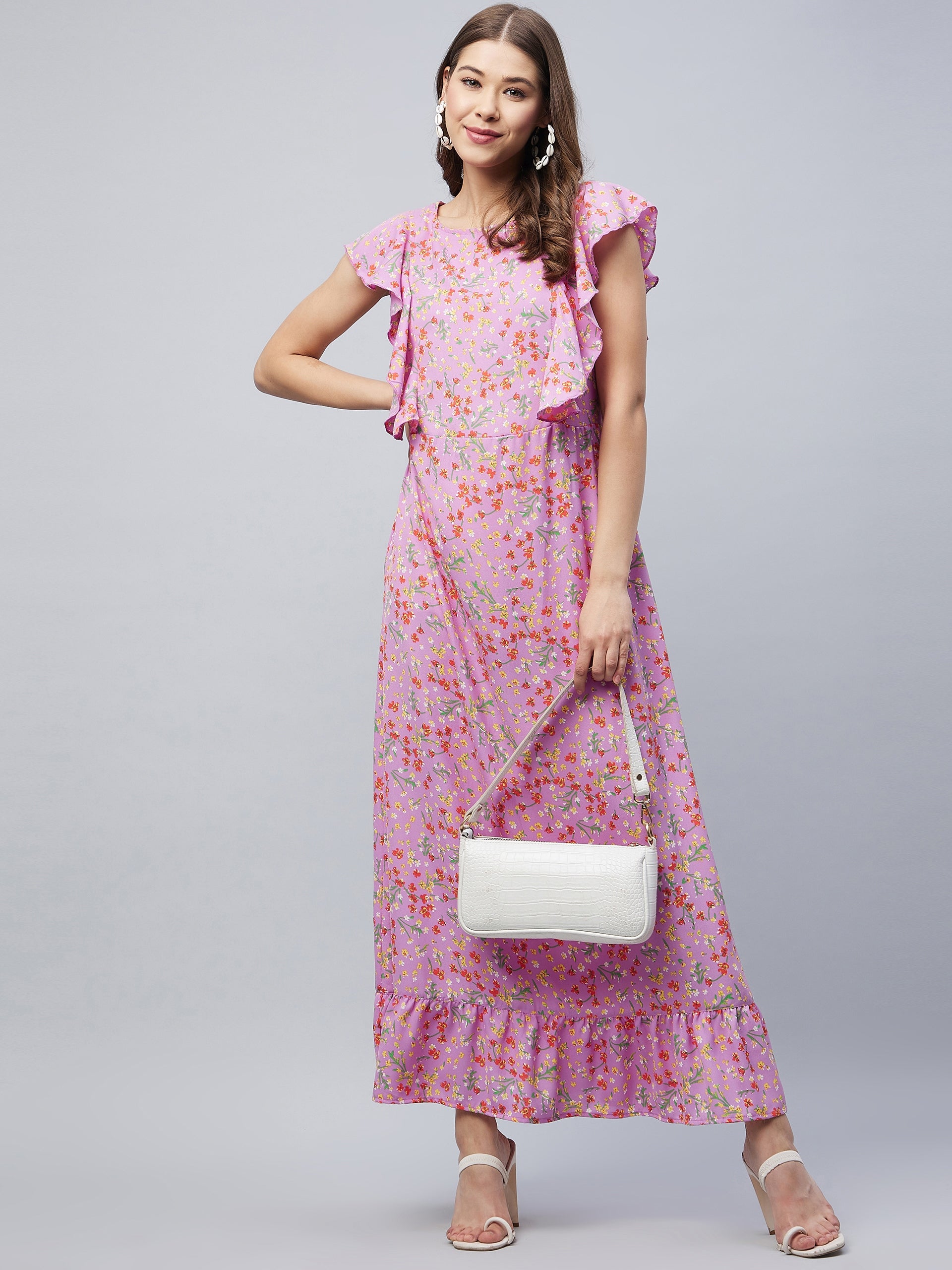 Women's Lavender Floral Maxi Dress With Flutter Sleeves Purple / 2XL Women's Lavender Floral Maxi Dress With Flutter Sleeves Purple / 2XL