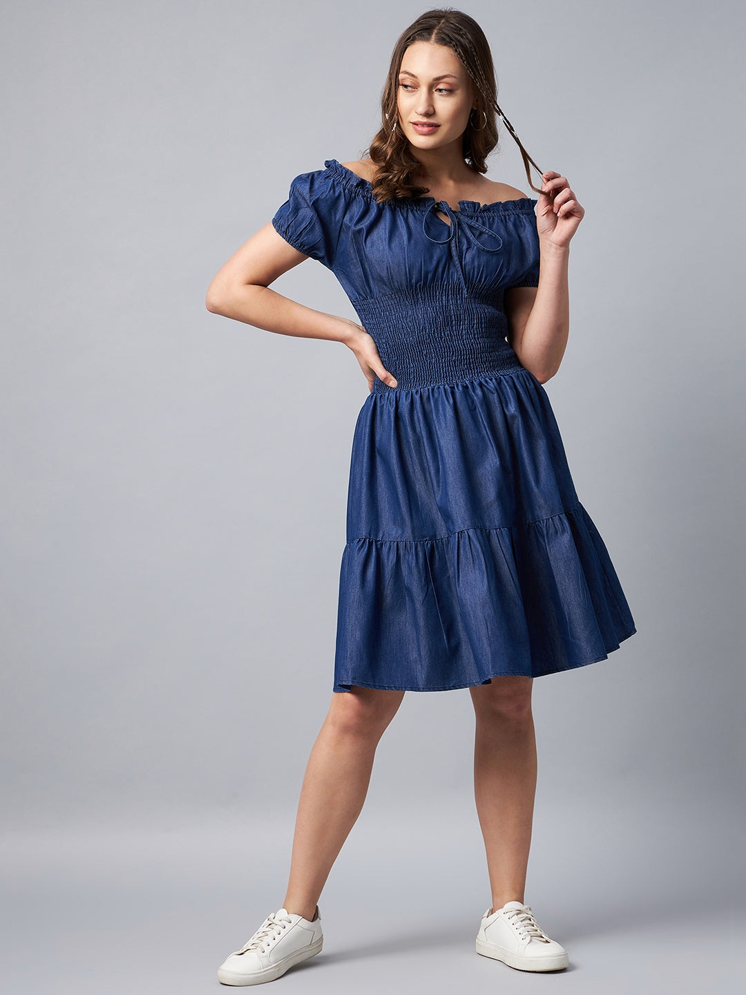 Women's Peasant Style Smocked Waist Denim Dress Blue / S Women's Peasant Style Smocked Waist Denim Dress Blue / S