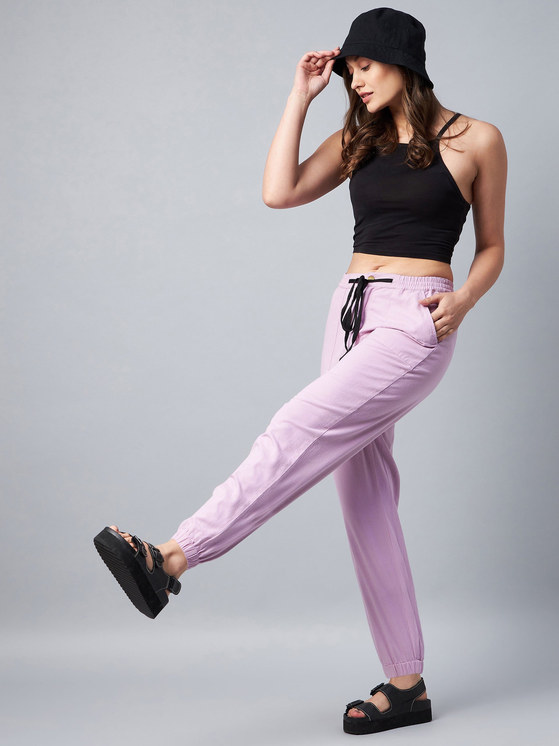 Women's Black Cotton Twill Jogger With Pink Draw String - Stylestone
