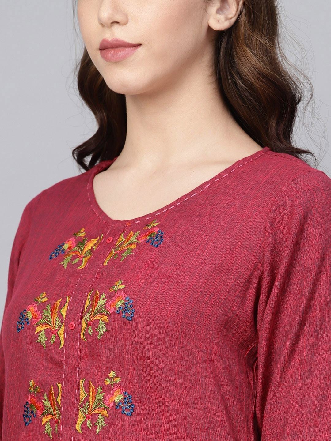 Women's Maroon Floral Embroidered Straight Kurta - Meeranshi