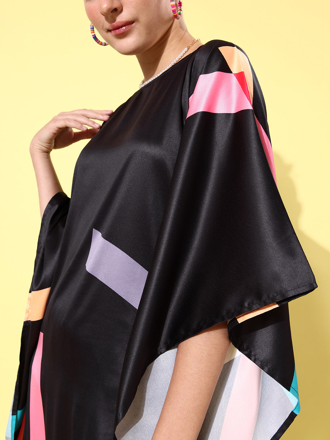Women's Satin Black & Multicoloured Kaftan Dress - StyleStone