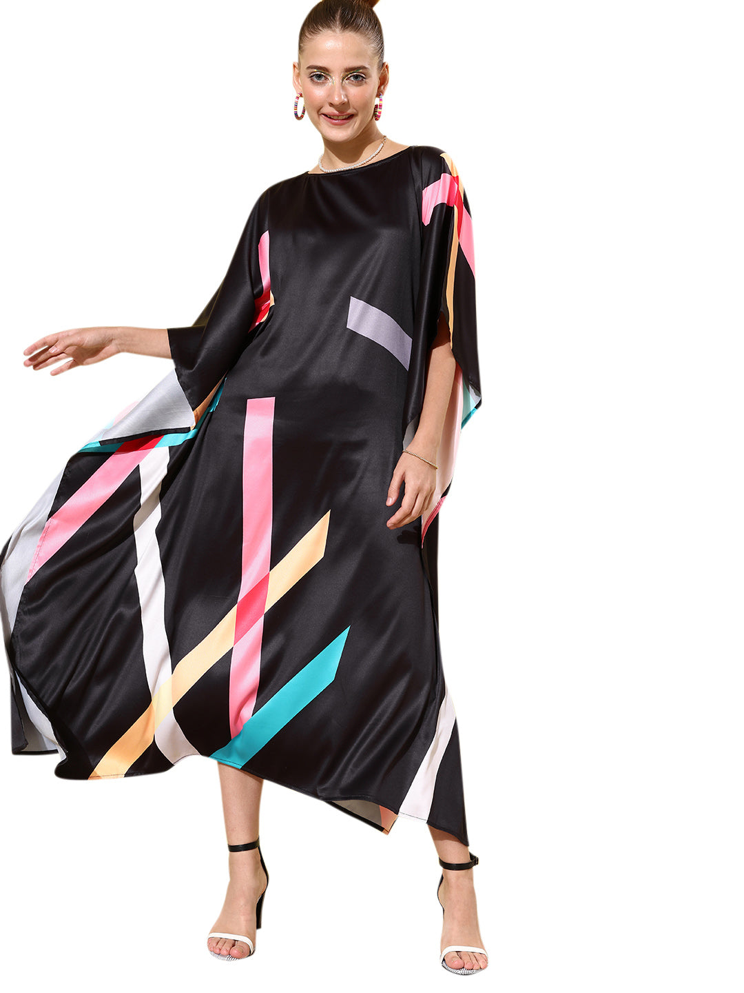 Women's Satin Black & Multicoloured Kaftan Dress - StyleStone
