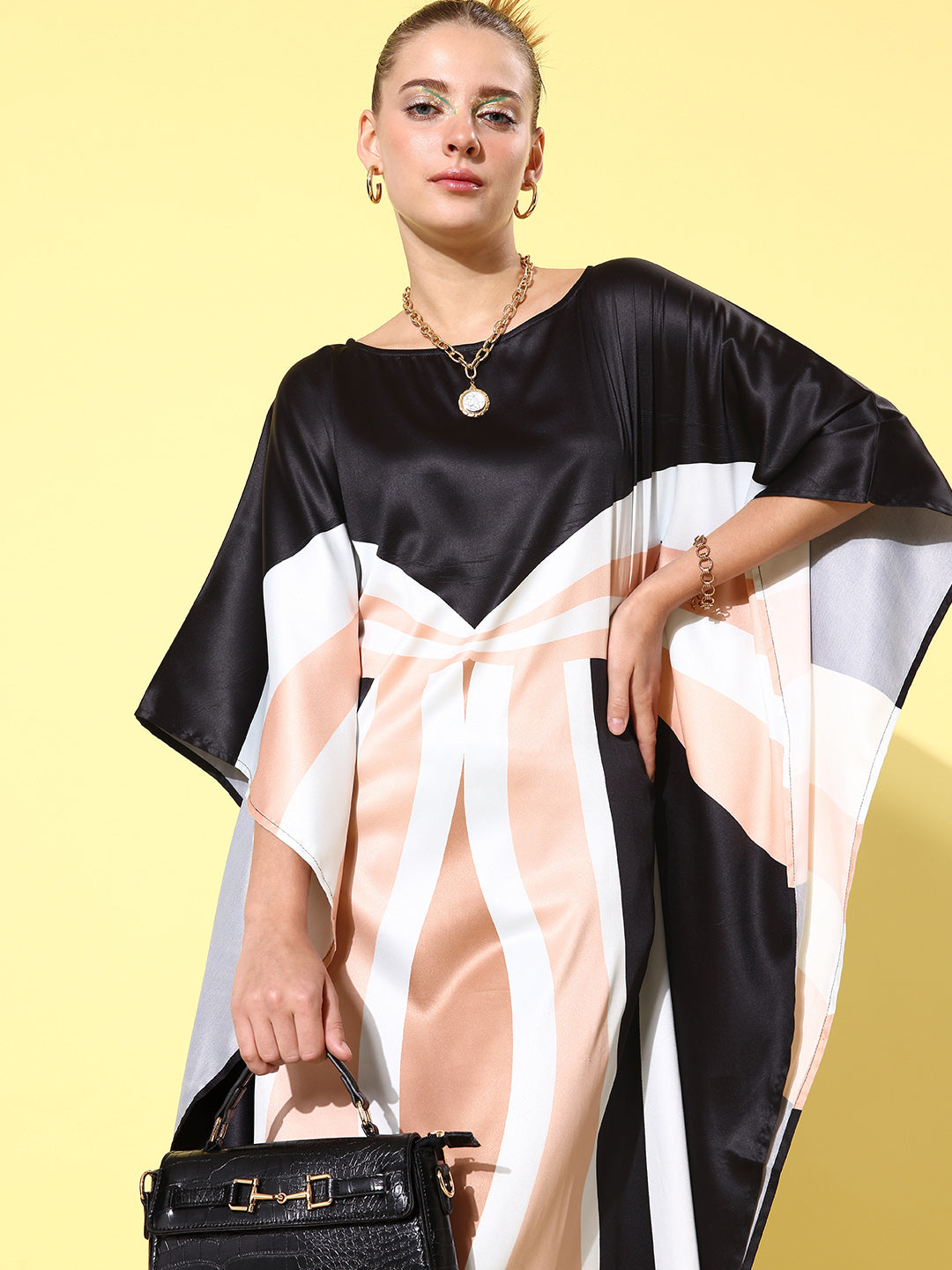 Women's Satin Black & Beige Kaftan Dress - StyleStone