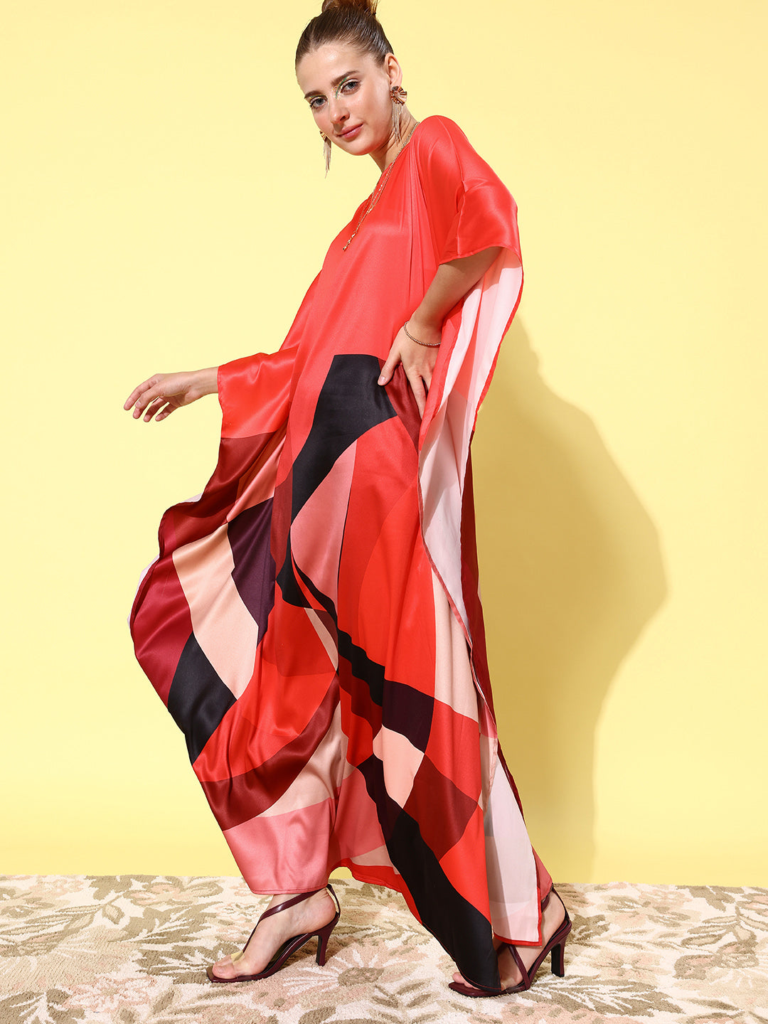 Women's Satin Red Kaftan Dress - StyleStone