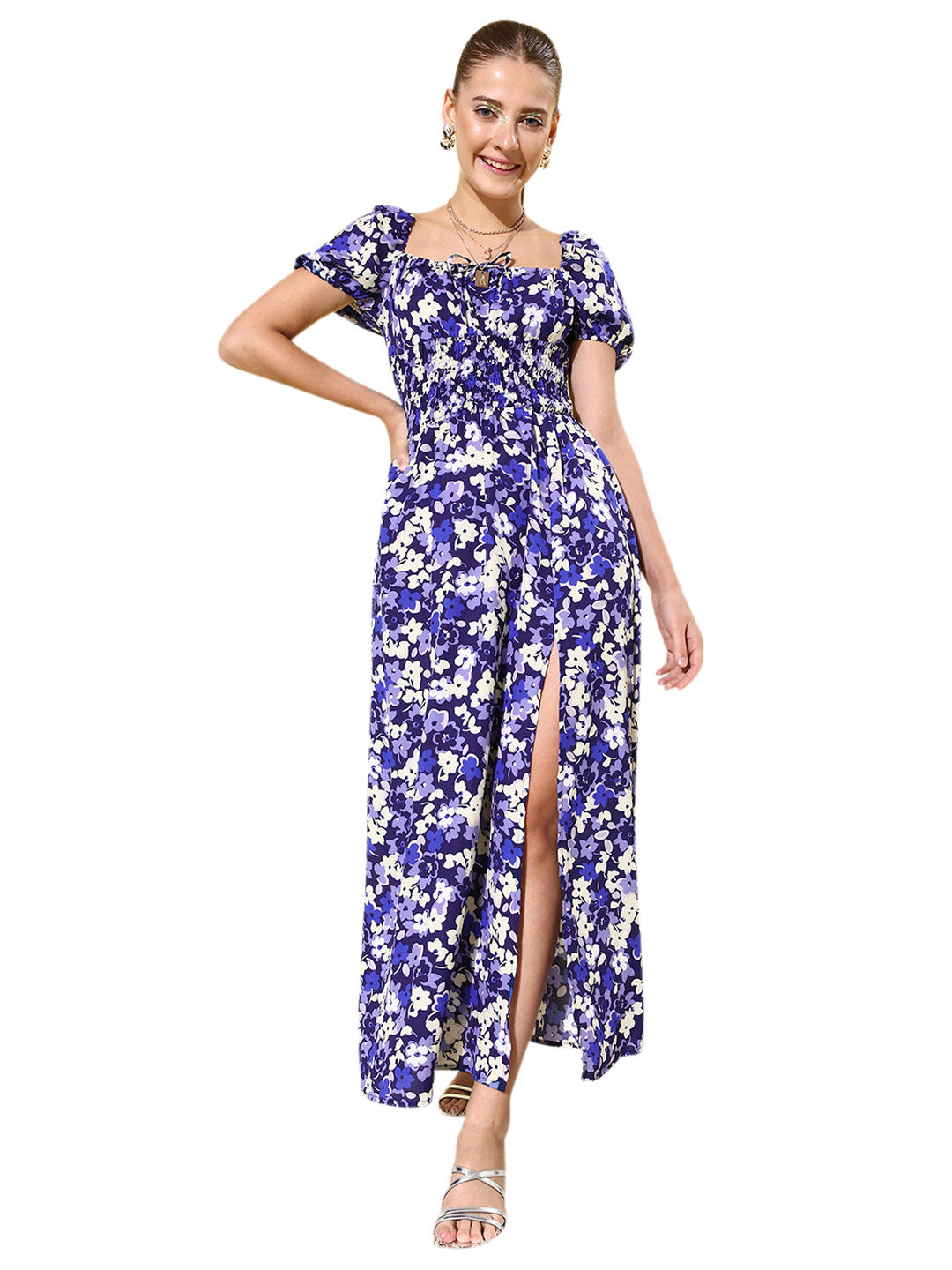 Women's Blue Floral Maxi Dress with Puffed Sleeve - StyleStone
