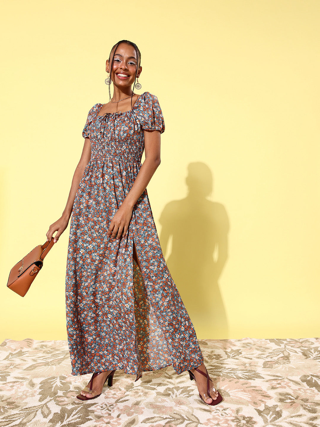 Women's Multicoloured Floral Maxi Dress with Puffed Sleeve - StyleStone