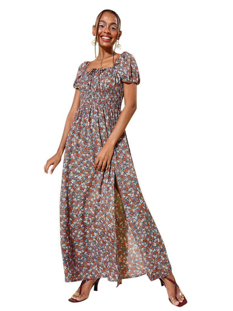 Women's Multicoloured Floral Maxi Dress with Puffed Sleeve