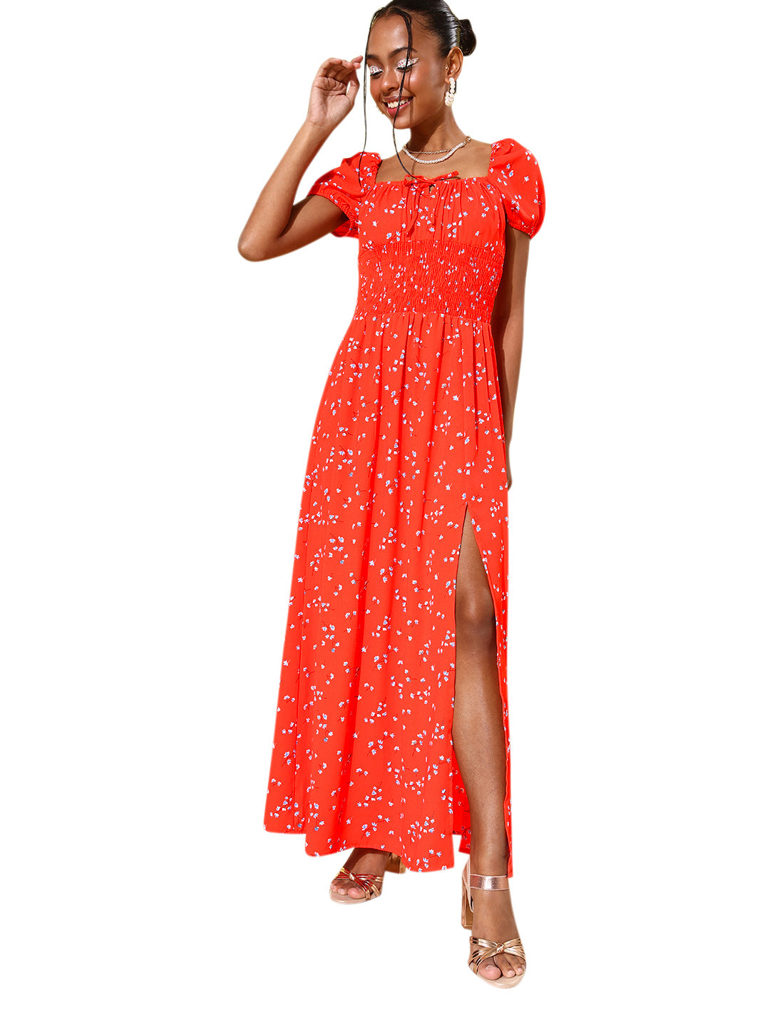 Women's Coral Floral Maxi Dress with Puffed Sleeve - StyleStone