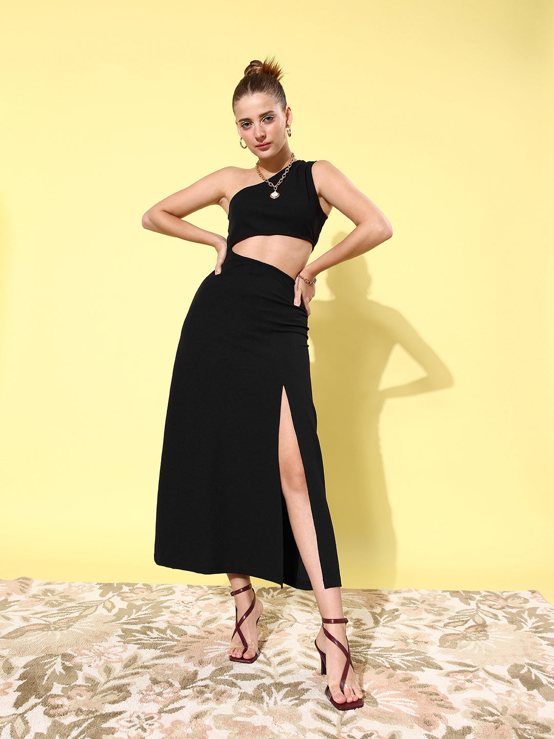 Women's Black Cut Out One Shoulder Maxi Dress - StyleStone