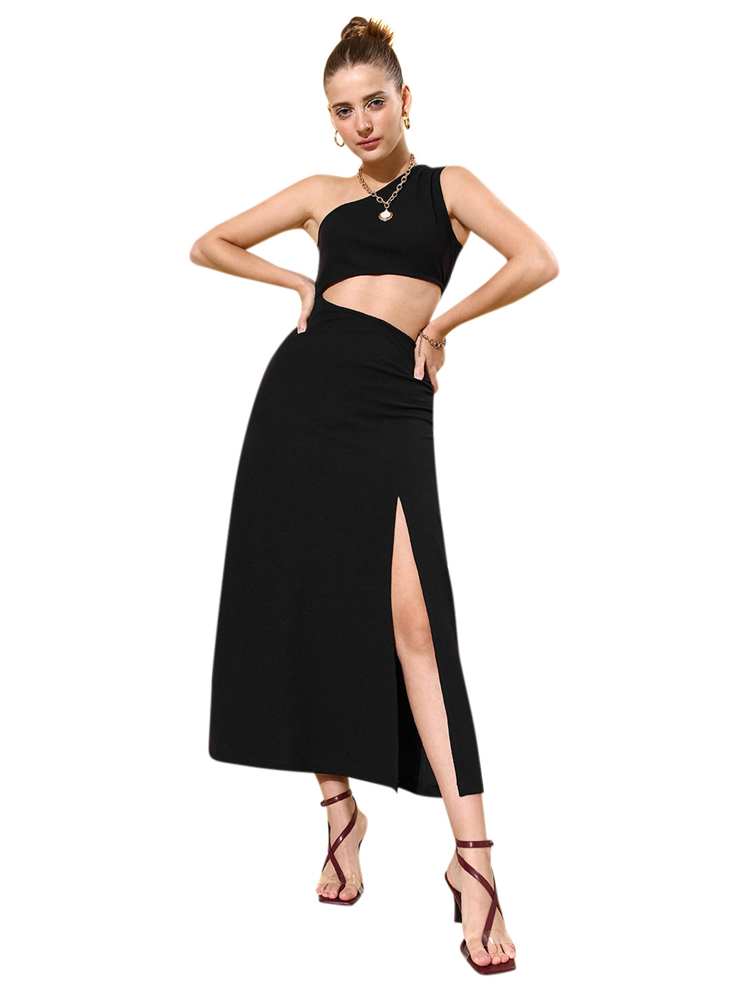 Women's Black Cut Out One Shoulder Maxi Dress - StyleStone