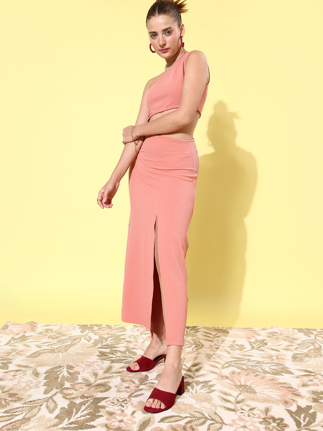 Women's Pink Cut Out One Shoulder Maxi Dress - StyleStone