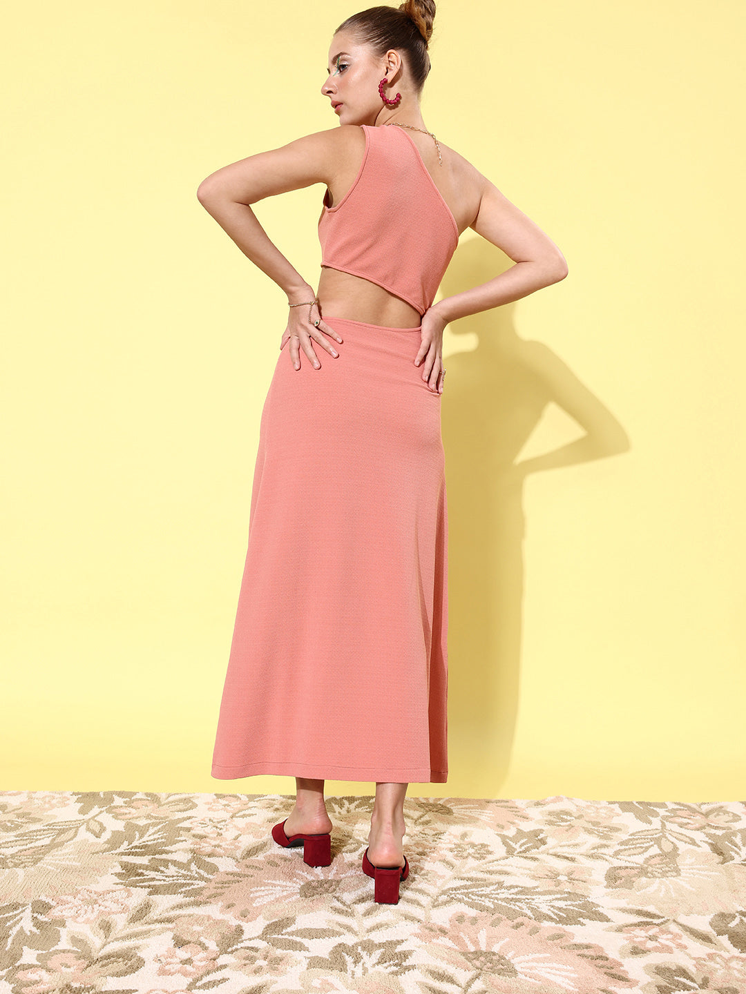 Women's Pink Cut Out One Shoulder Maxi Dress - StyleStone