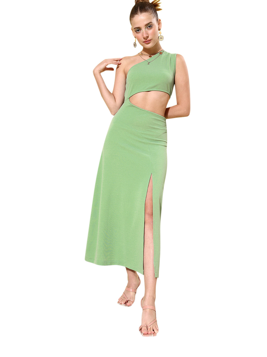 Women's Green Cut Out One Shoulder Maxi Dress - StyleStone