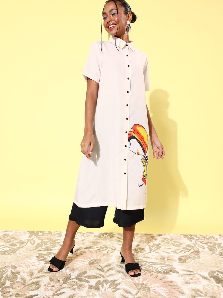 Women's Quirky Print Lose Shirt with Black Culottes
