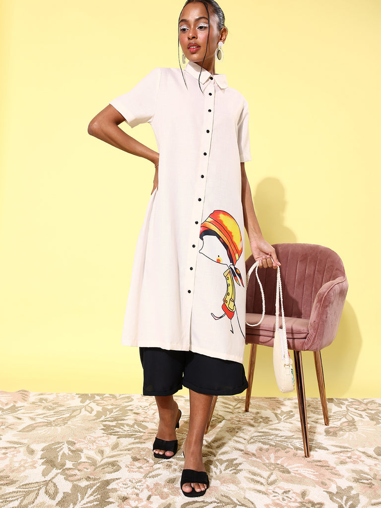 Women's Quirky Print Lose Shirt with Black Culottes
