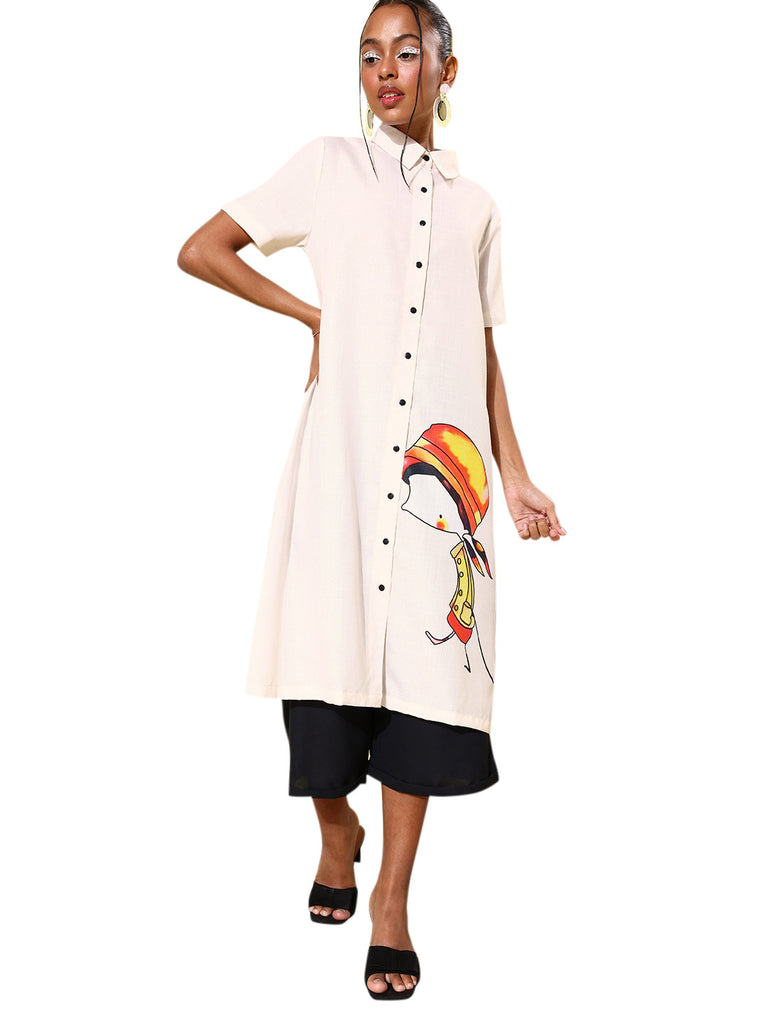 Women's Quirky Print Lose Shirt with Black Culottes