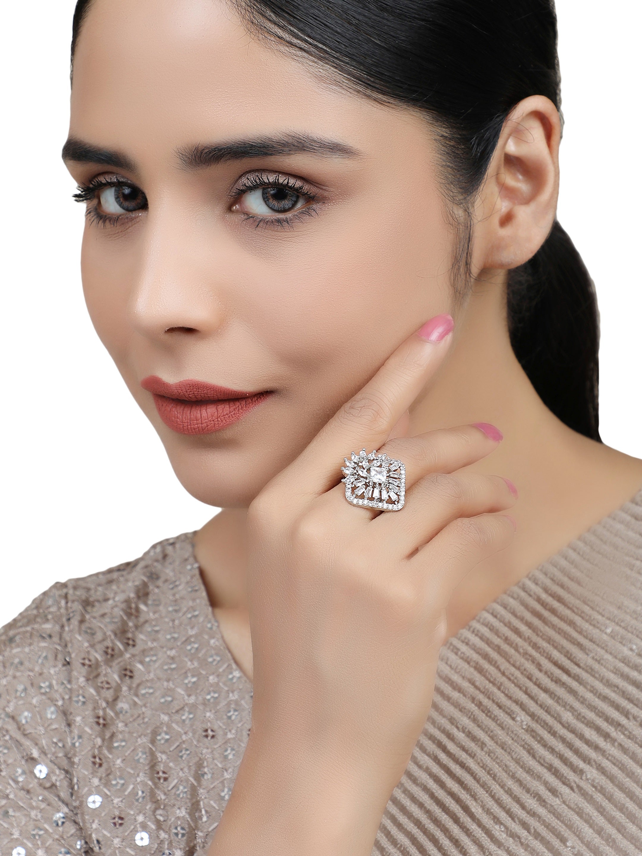 Women's Silver Plated Trendy American Diamond Square Shaped Ring - Anikas Creation