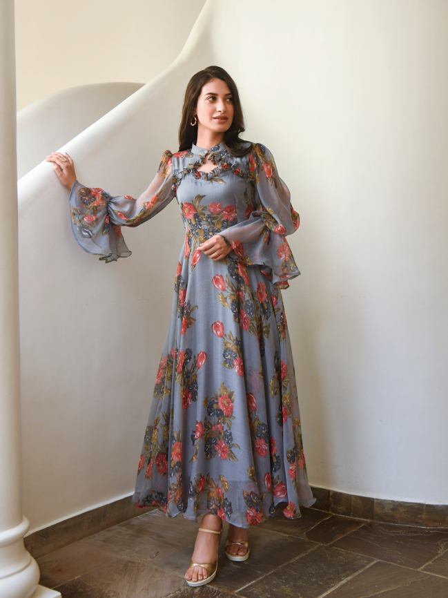 Women's Grey Maxi Dress Floral - 1Pc Set