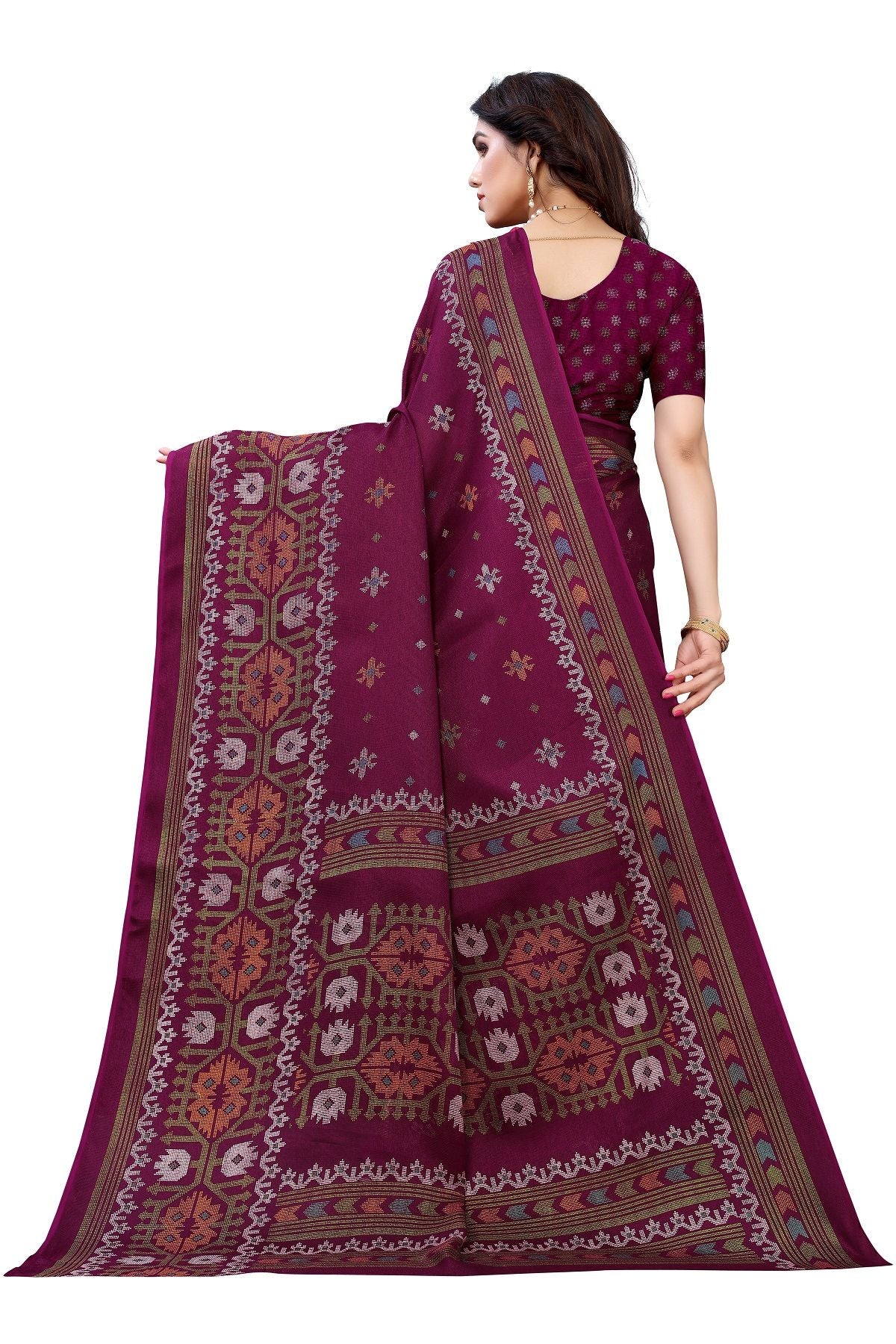 Women's Printed Jute Silk Purple Saree - Vamika
