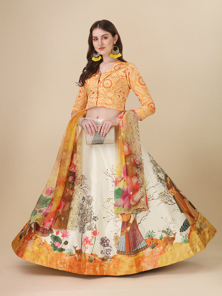 Women's Digital Print Shiney Satin Semistitched Lehenga Choli With Unstitched Blouse And Sequnce Work Orgenza Dupatta