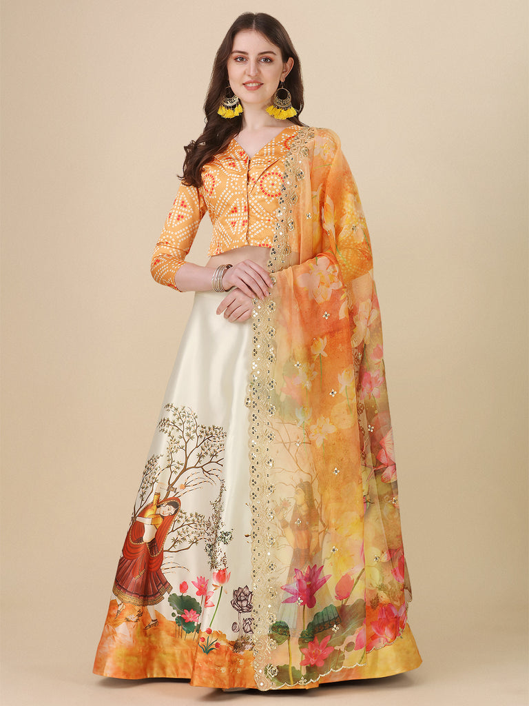 Women's Digital Print Shiney Satin Semistitched Lehenga Choli With Unstitched Blouse And Sequnce Work Orgenza Dupatta