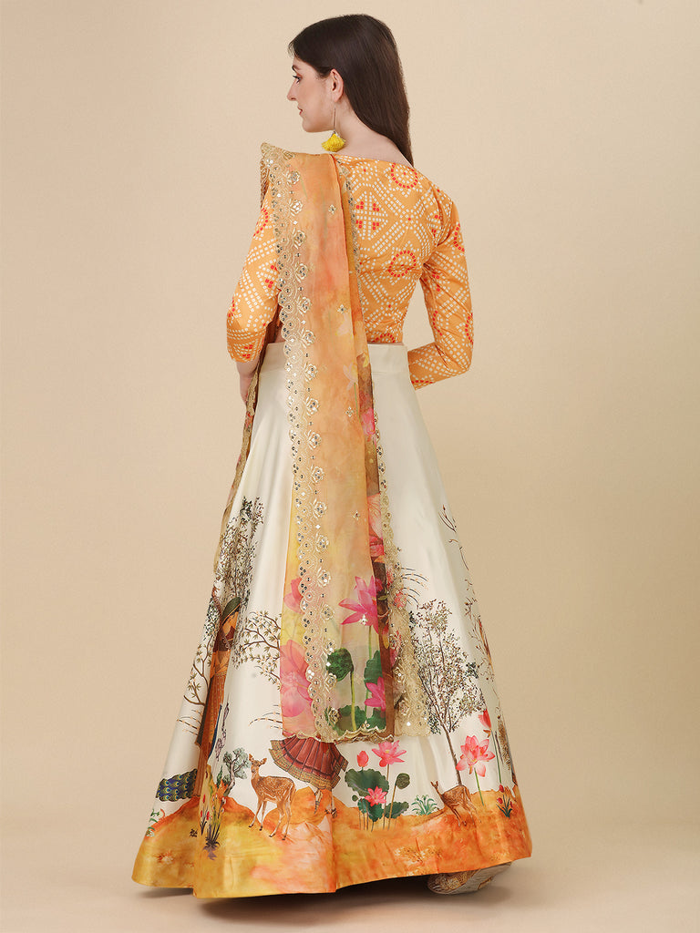 Women's Digital Print Shiney Satin Semistitched Lehenga Choli With Unstitched Blouse And Sequnce Work Orgenza Dupatta