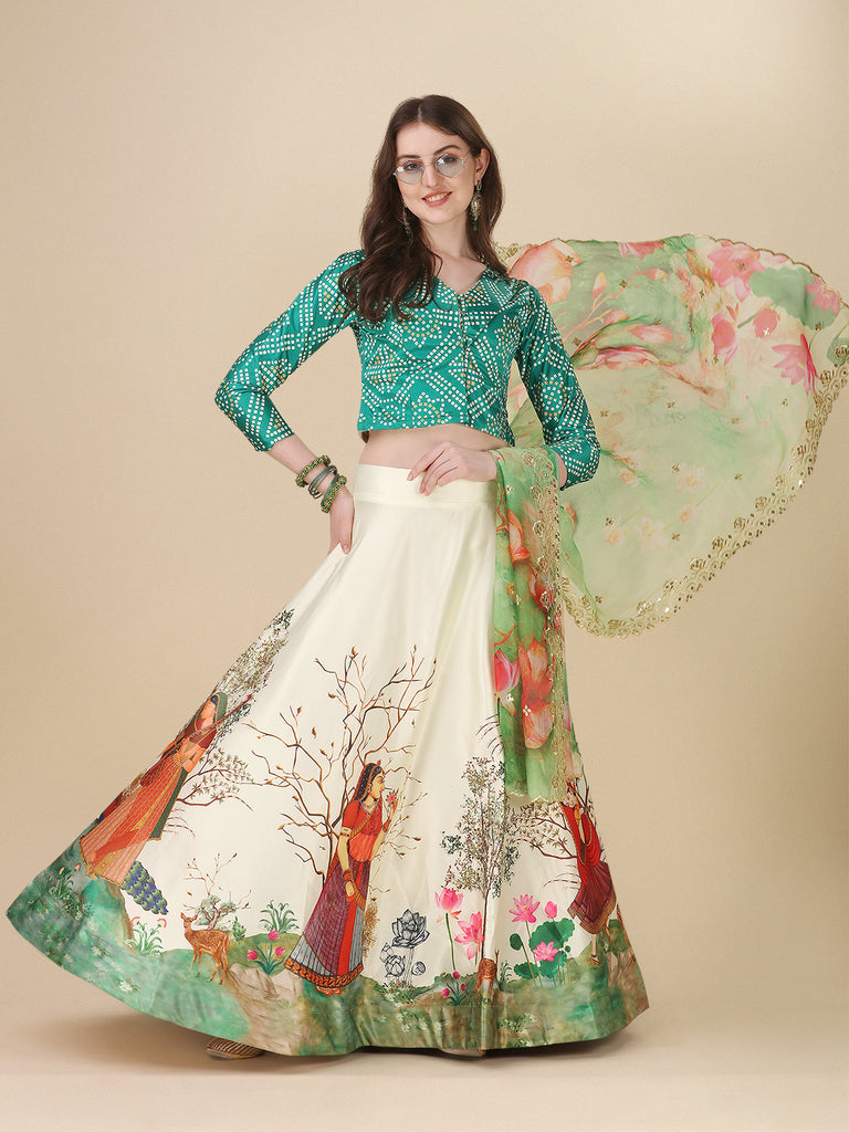 Women's Digital Print Shiney Satin Semistitched Lehenga Choli With Unstitched Blouse And Sequnce Work Orgenza Dupatta