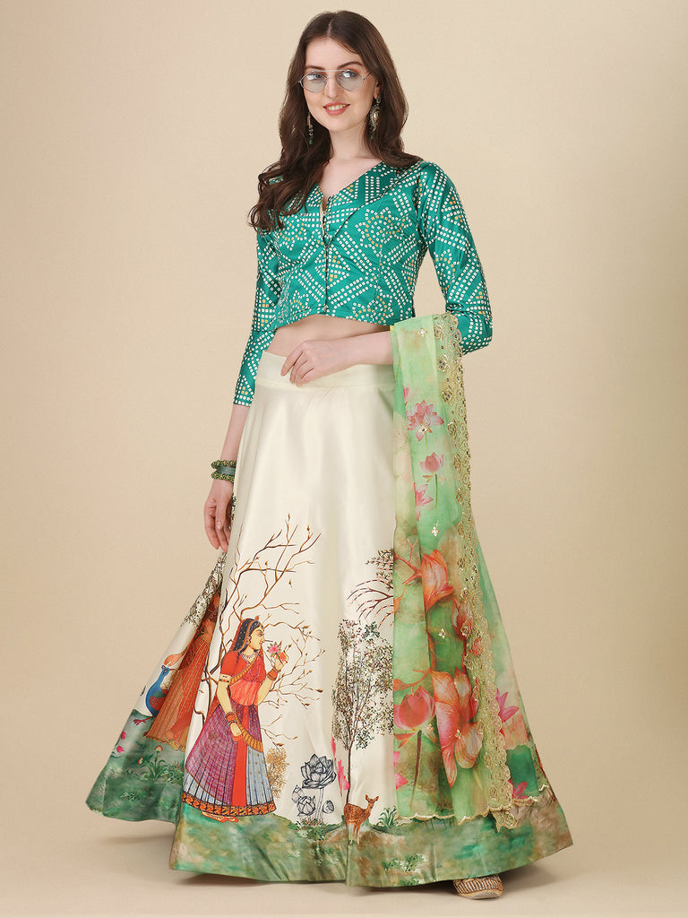 Women's Digital Print Shiney Satin Semistitched Lehenga Choli With Unstitched Blouse And Sequnce Work Orgenza Dupatta