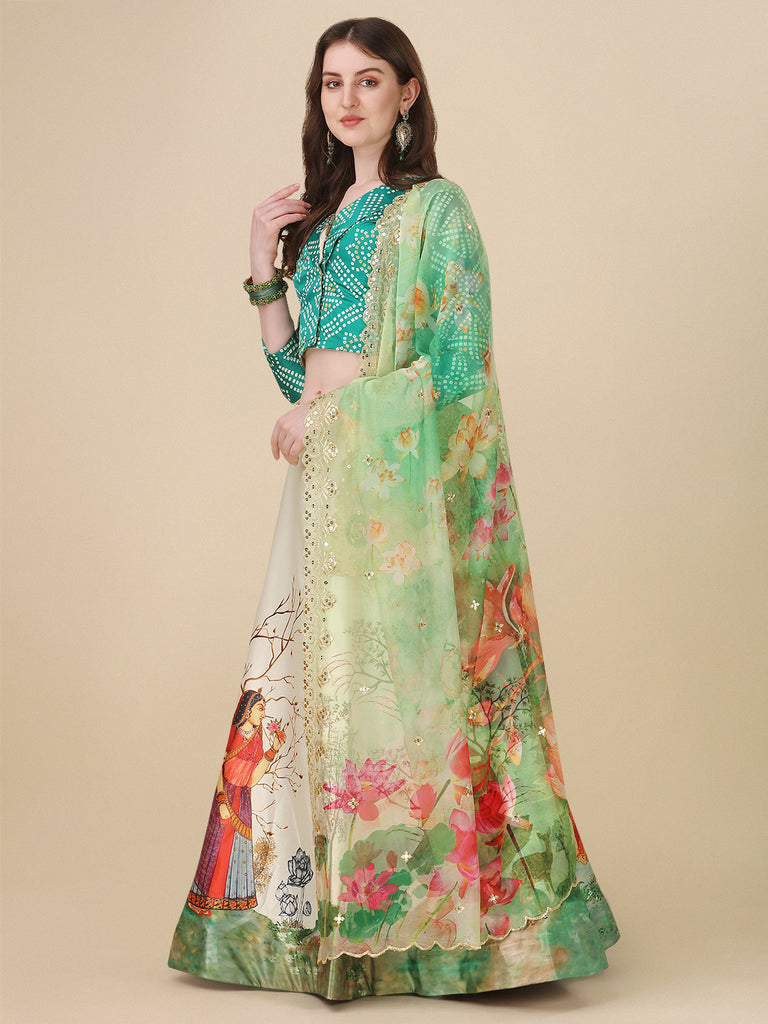 Women's Digital Print Shiney Satin Semistitched Lehenga Choli With Unstitched Blouse And Sequnce Work Orgenza Dupatta