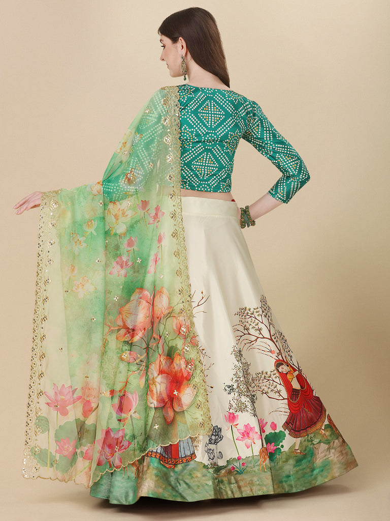 Women's Digital Print Shiney Satin Semistitched Lehenga Choli With Unstitched Blouse And Sequnce Work Orgenza Dupatta