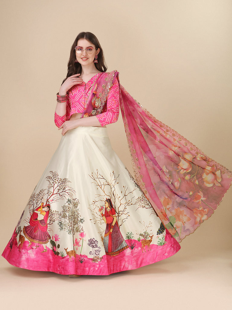 Women's Digital Print Shiney Satin Semistitched Lehenga Choli With Unstitched Blouse And Sequnce Work Orgenza Dupatta