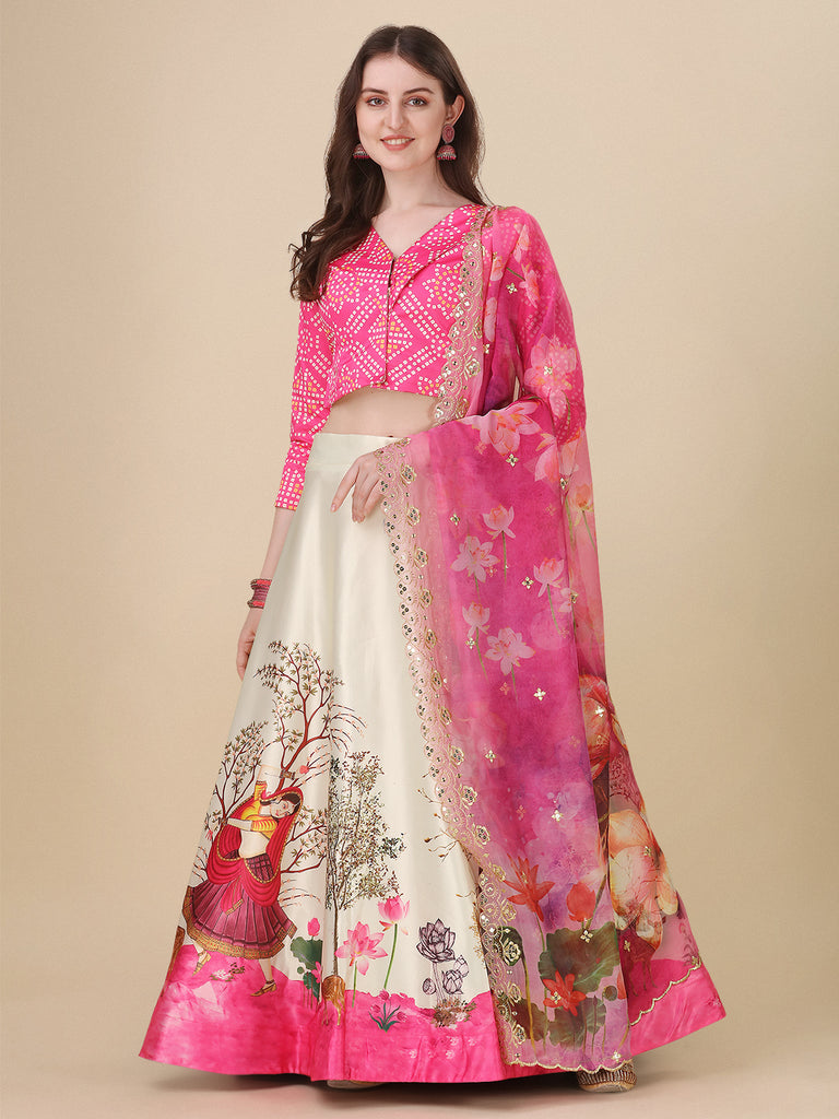 Women's Digital Print Shiney Satin Semistitched Lehenga Choli With Unstitched Blouse And Sequnce Work Orgenza Dupatta