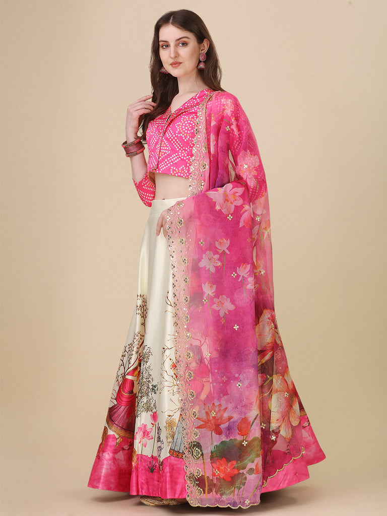 Women's Digital Print Shiney Satin Semistitched Lehenga Choli With Unstitched Blouse And Sequnce Work Orgenza Dupatta